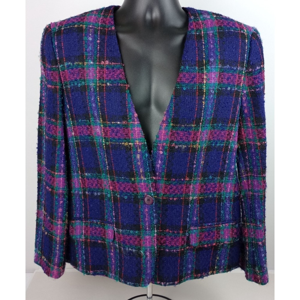 Talbots Blue Plaid Tweed Blazer with Pink & Green Accents